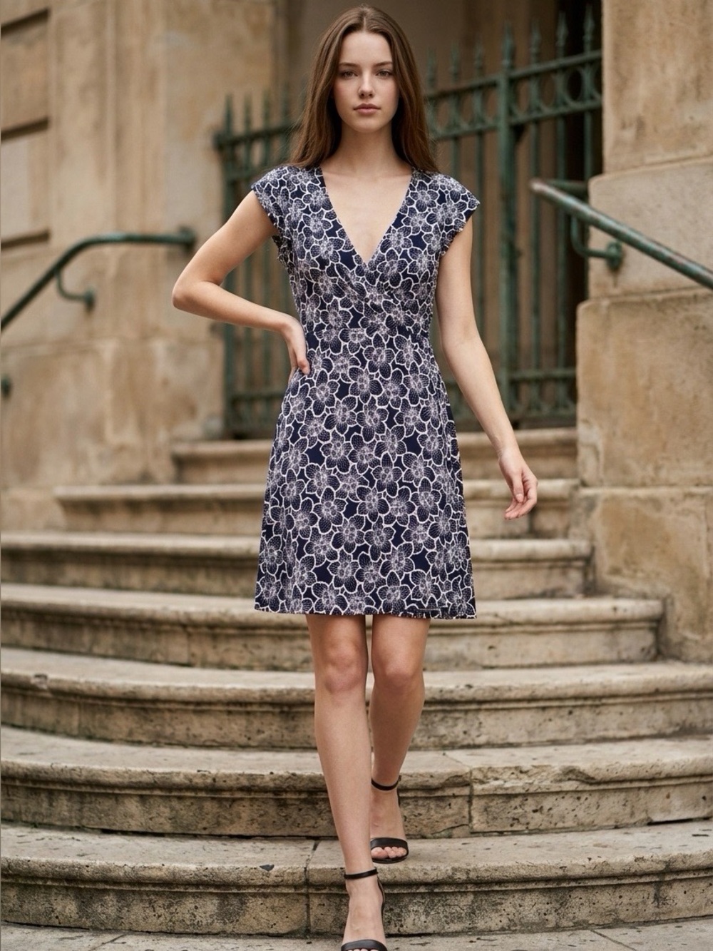 LOFT Black and White Floral V-Neck Midi Dress size 8